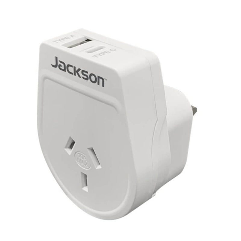 Adaptateur de voyage USB-A et C sortant de Jackson Industries